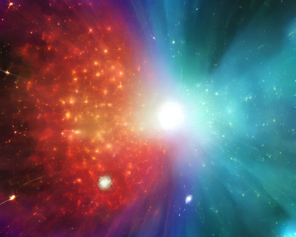 Bright white star emitting red and blue rays in cosmic scene