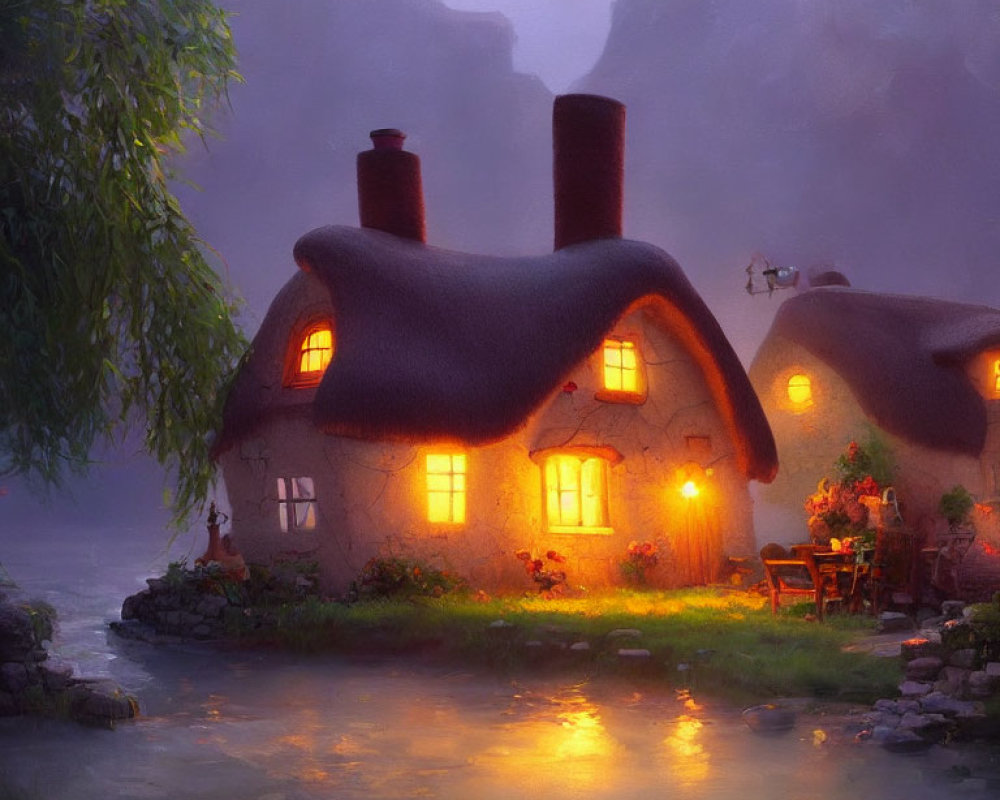 Serene twilight scene of cozy thatched roof cottage by river