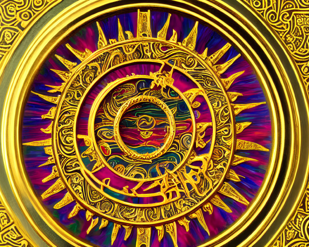 Colorful circular artwork with intricate golden patterns and dynamic abstract elements