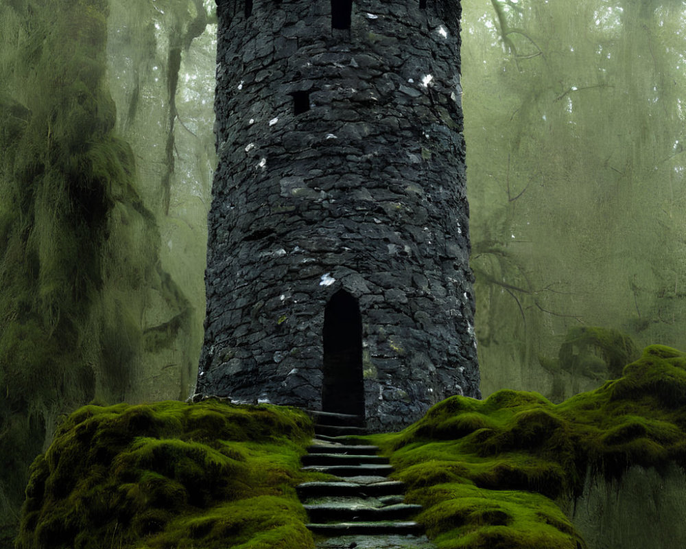 Moss-covered stone tower in misty forest with arched doorway