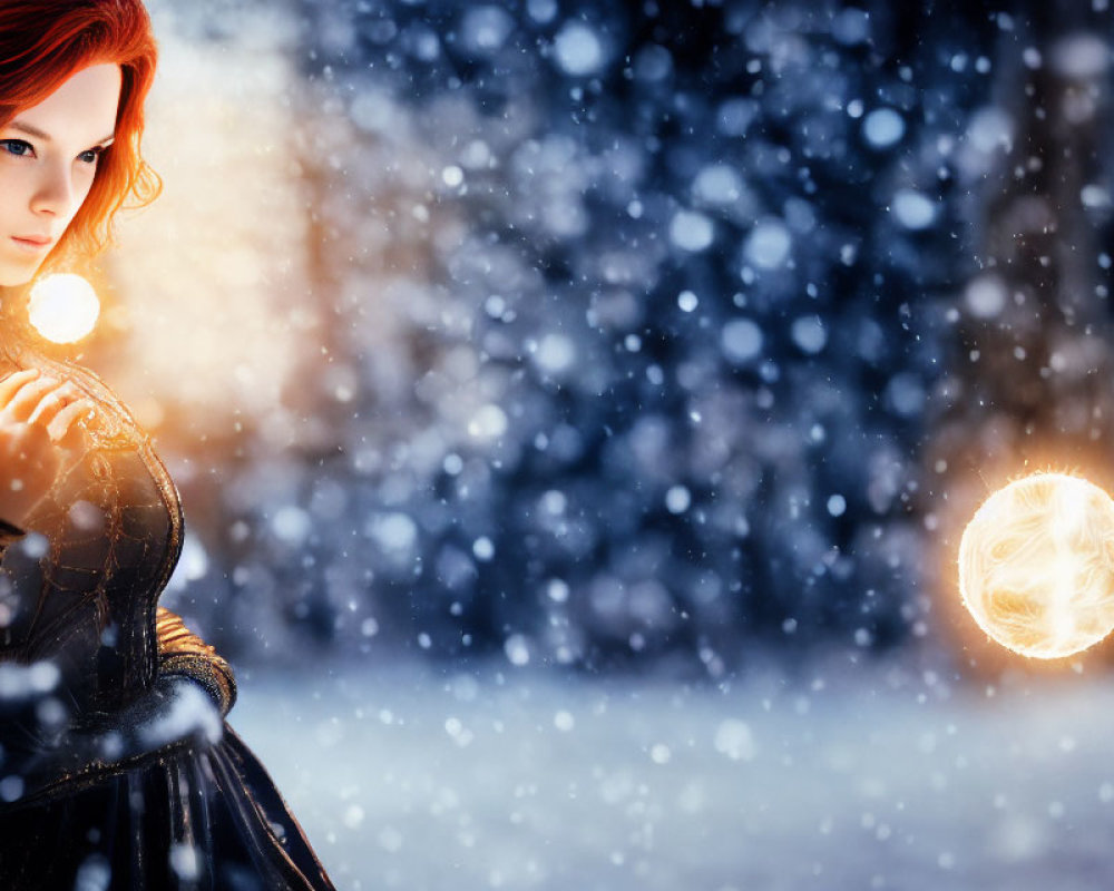 Red-haired woman in medieval attire conjures glowing orb in snowy landscape