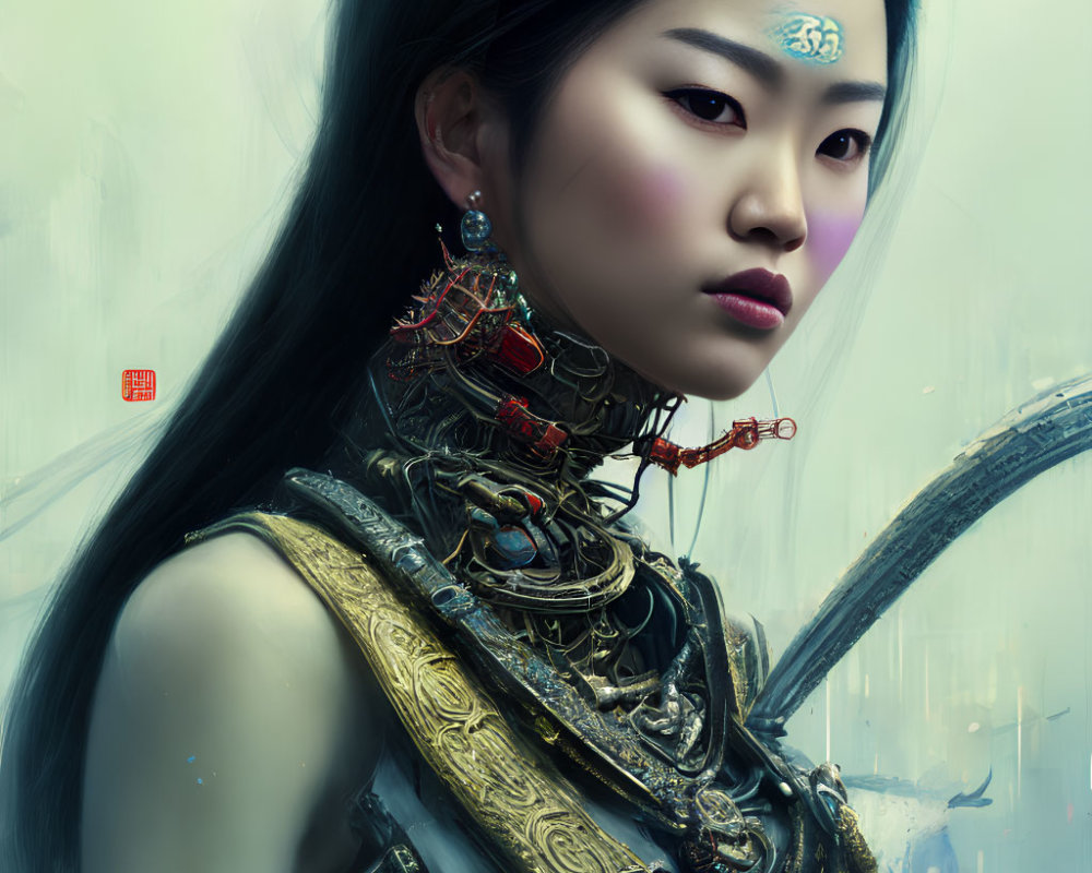 Asian Woman in Traditional Makeup and Futuristic Armor Artwork