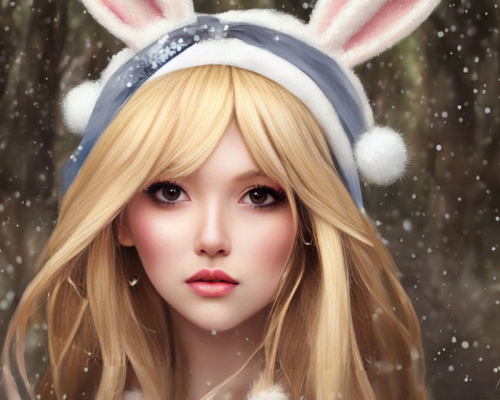 Blond-Haired Character in Bunny-Eared Hat in Snowy Scene