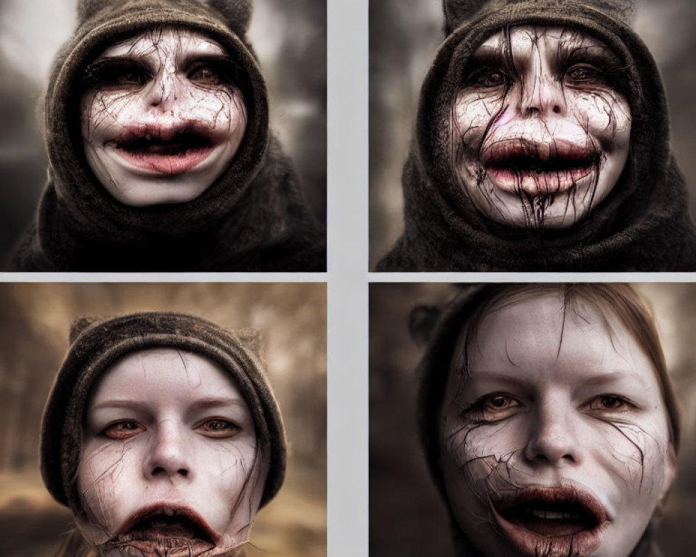 Four portraits of a person with exaggerated mouth features in a cat-eared beanie.