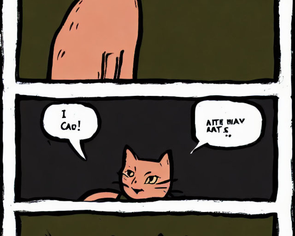 Three-panel comic strip featuring orange cat and mini version conversing