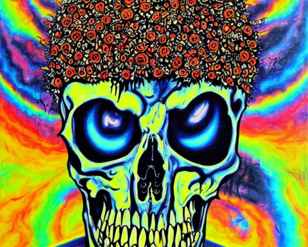 Colorful psychedelic skull art with vibrant blue eyes and halo of red symbols