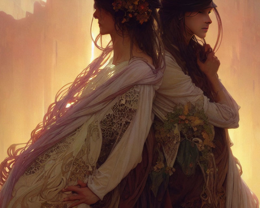 Ethereal Women in Flowing Dresses Standing Back-to-Back in Amber-Hued Setting