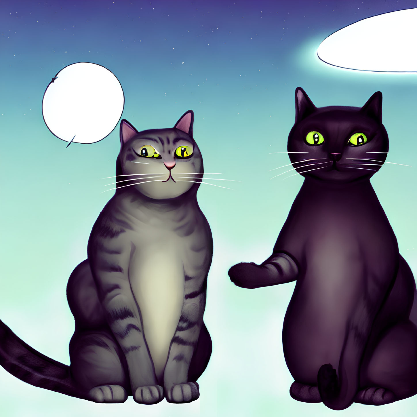 Illustrated grey tabby and black cats with speech bubbles under starry night sky