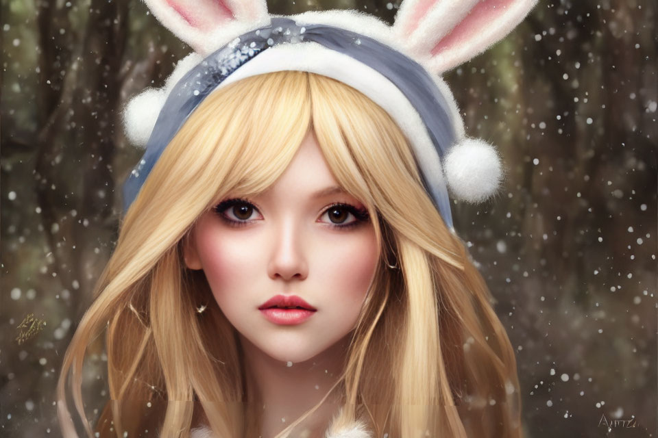 Blond-Haired Character in Bunny-Eared Hat in Snowy Scene