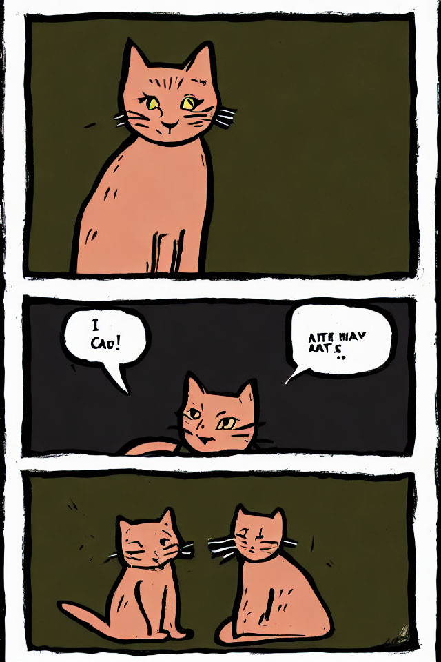 Three-panel comic strip featuring orange cat and mini version conversing