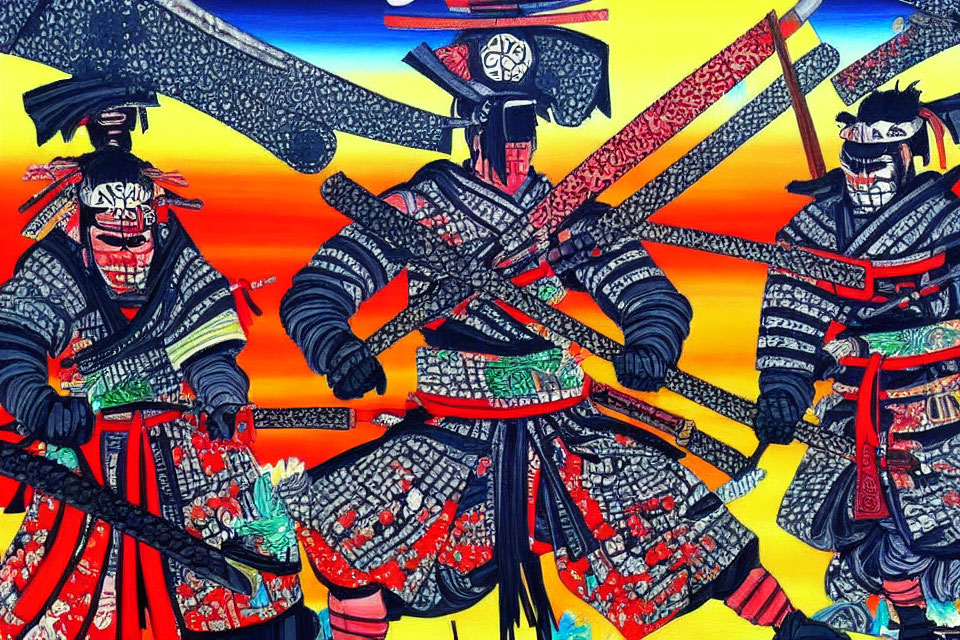 Vibrant Artwork: Three Samurai Warriors in Traditional Armor