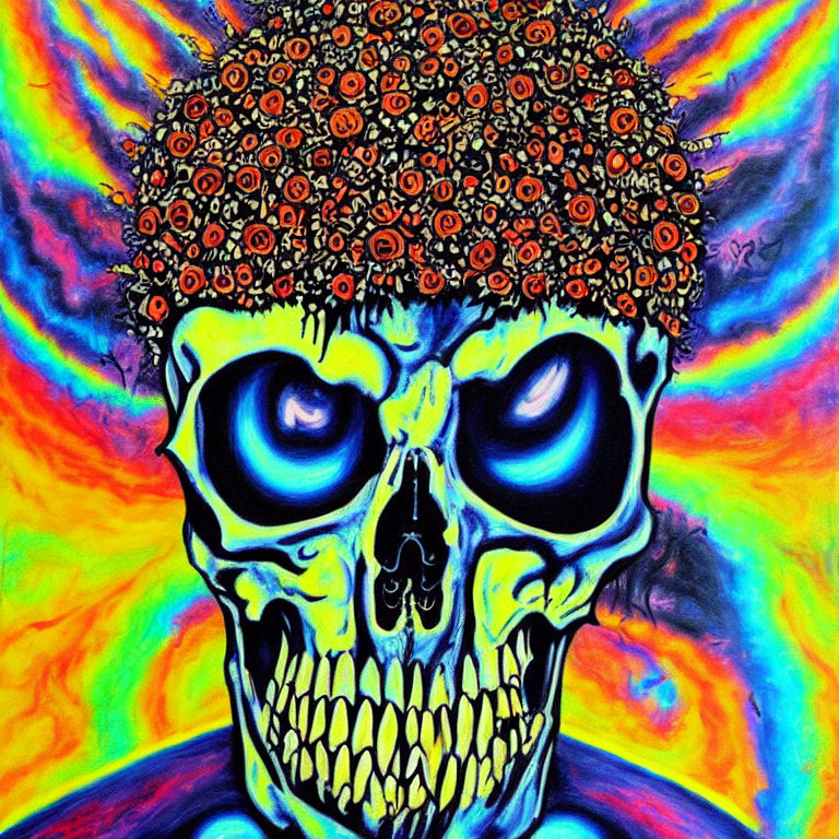 Colorful psychedelic skull art with vibrant blue eyes and halo of red symbols