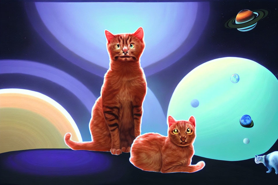 Two Ginger Cats with Enigmatic Expressions Surrounded by Celestial Bodies