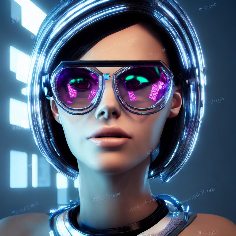 Futuristic digital art portrait of a woman with neon-lit headgear