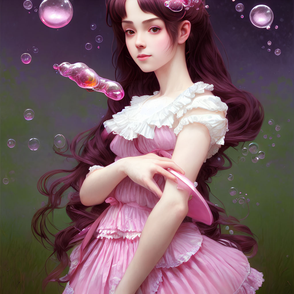 Young girl in pink dress with fish bubble on green background