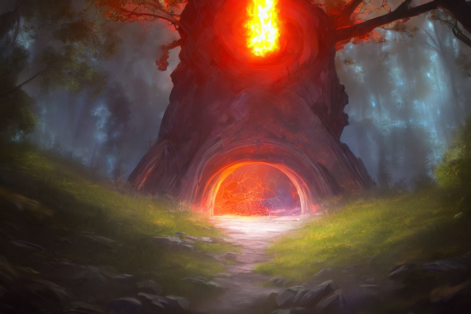 Mystical tree with fiery orange portal in enchanted forest