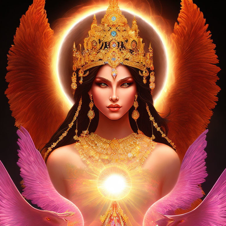 Majestic female figure with gold crown and halo, accompanied by pink birds