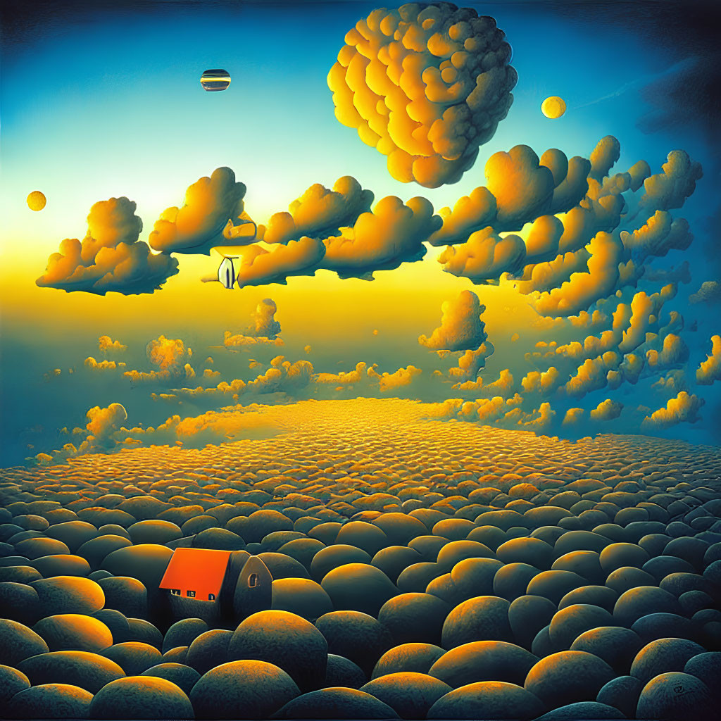 Surreal landscape with stone spheres, isolated house, tree-shaped clouds, and floating objects