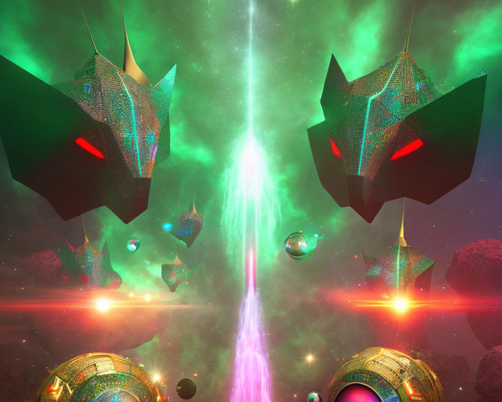 Sinister robot heads emit beams amidst orbs and asteroids