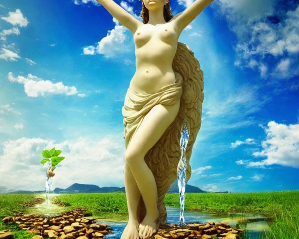 Nude angelic figure with wings in grassy landscape