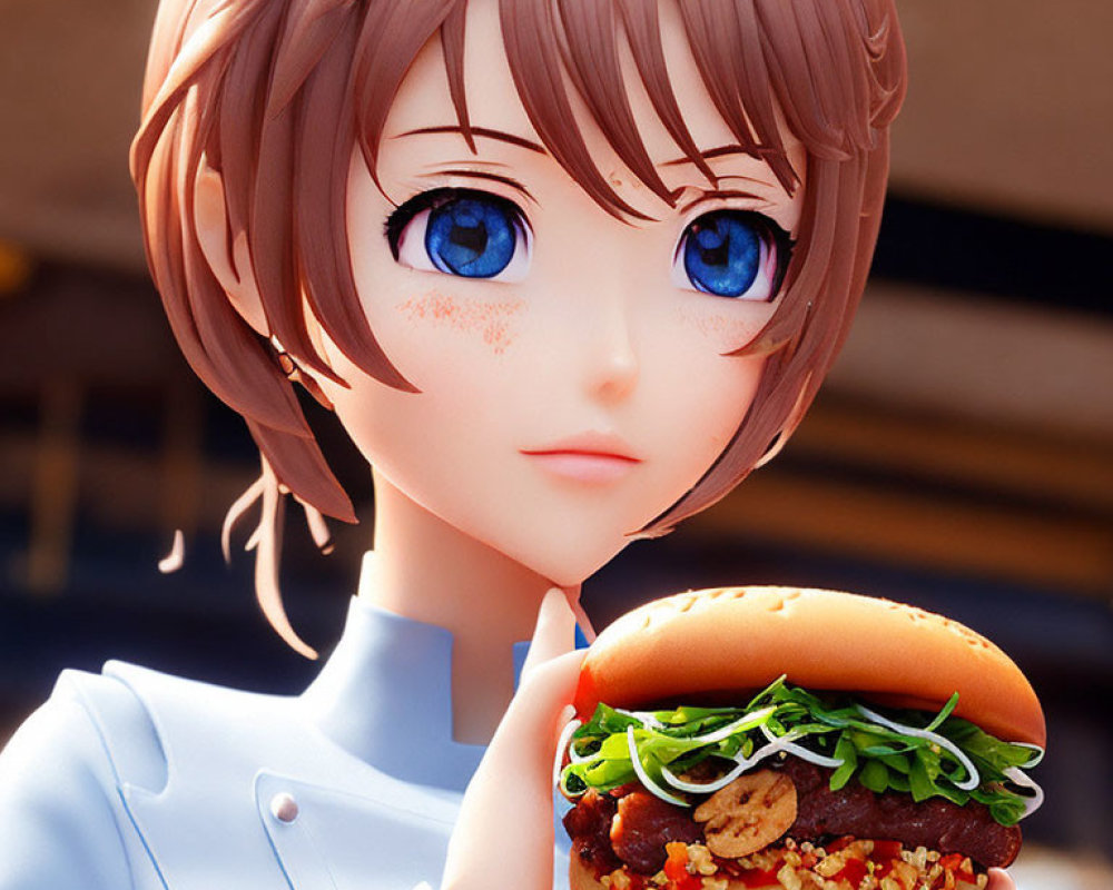 Brown-Haired Animated Character Holding Hamburger with Green Toppings