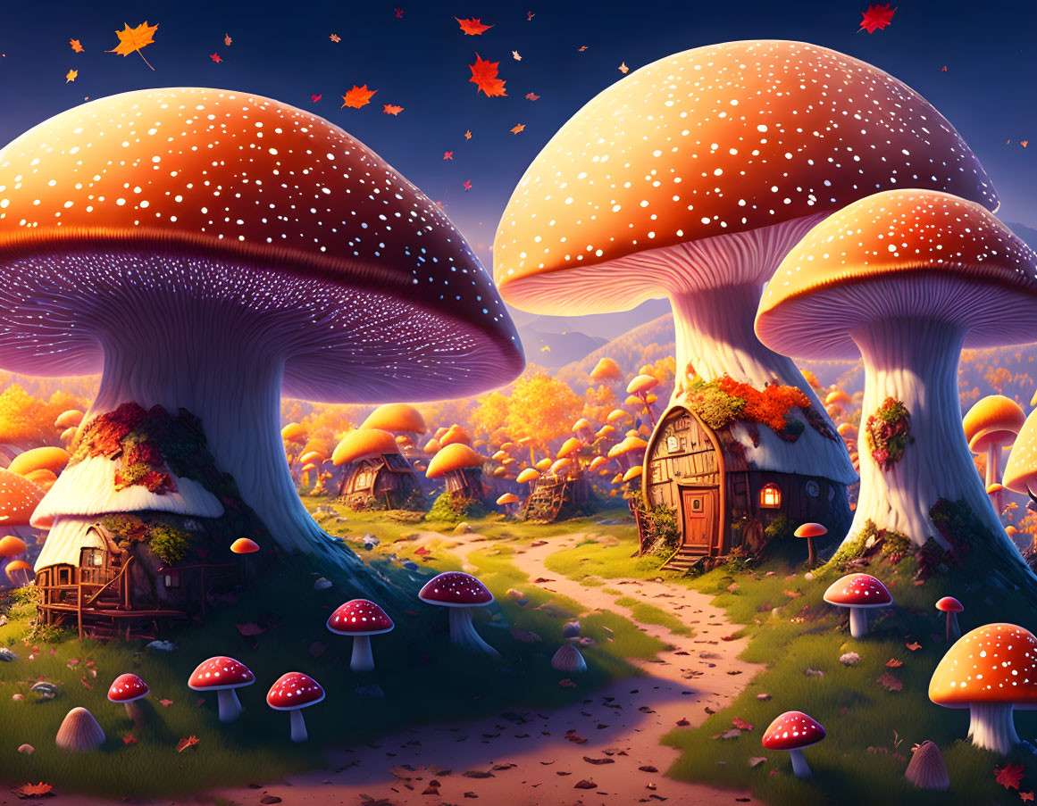 Fantasy landscape with oversized mushrooms and autumn foliage