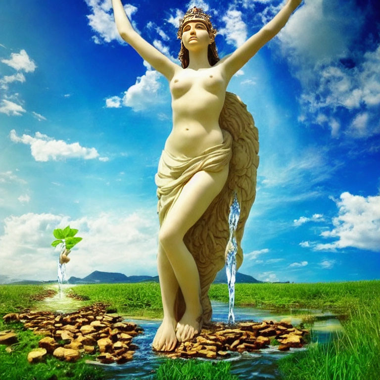 Nude angelic figure with wings in grassy landscape