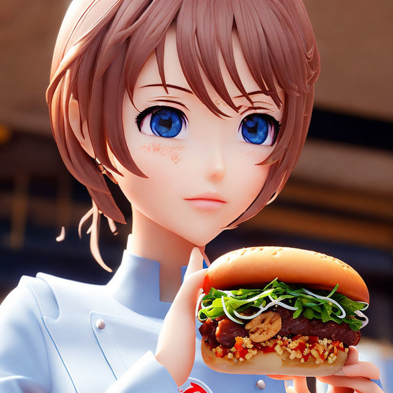 Brown-Haired Animated Character Holding Hamburger with Green Toppings