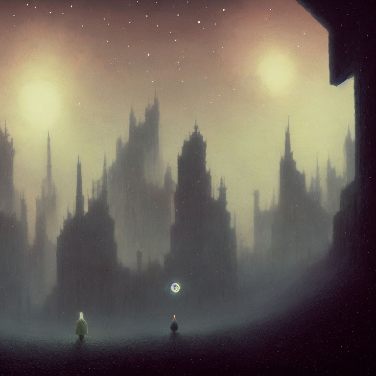 Surreal cityscape under twin moons in misty atmosphere