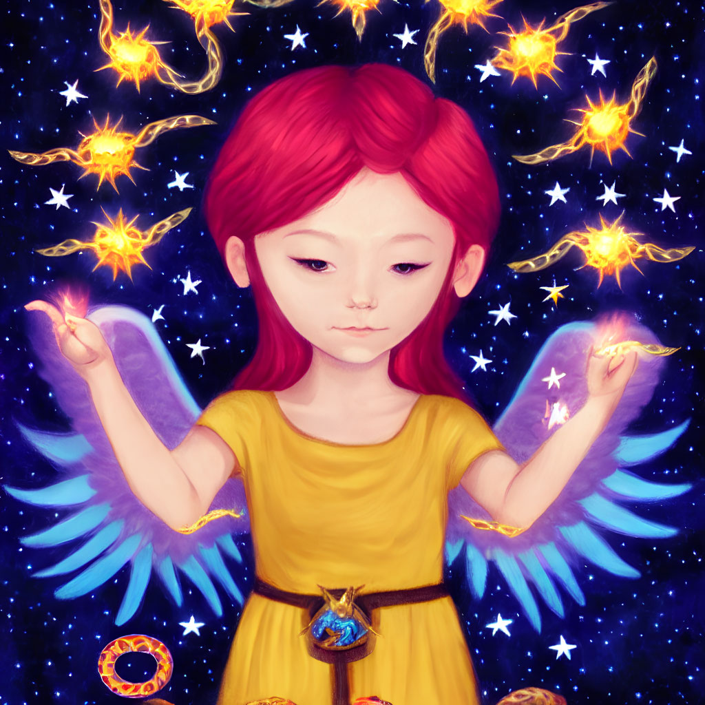 Whimsical illustration of red-haired girl with blue wings in yellow dress amid stars and comet sparks