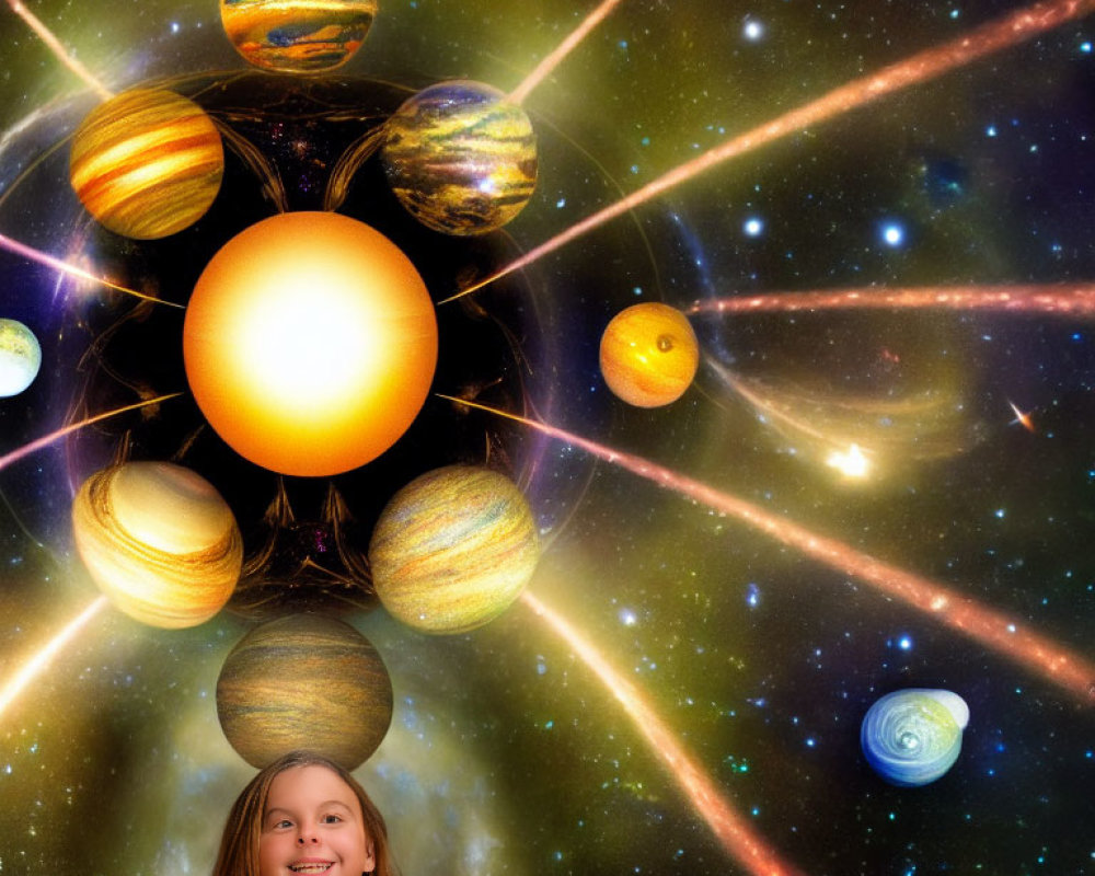 Young girl with shoulder-length hair in striped top against cosmic background.