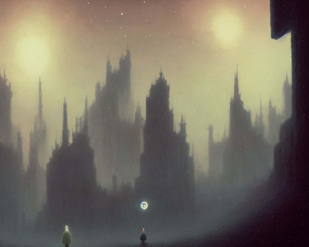 Surreal cityscape under twin moons in misty atmosphere