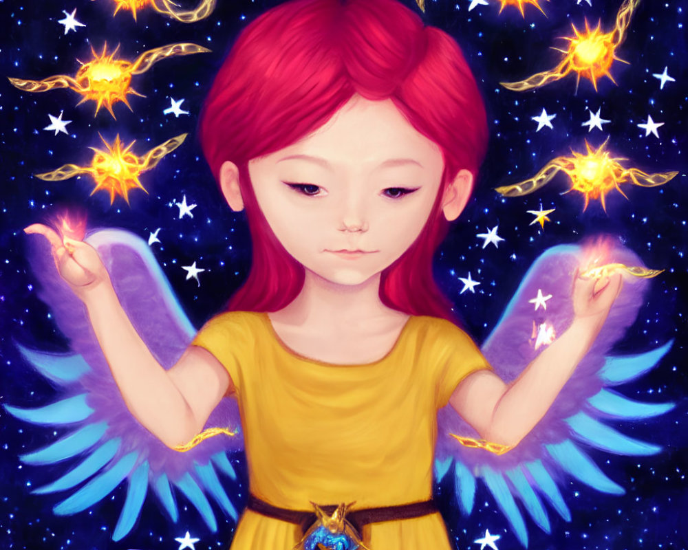 Whimsical illustration of red-haired girl with blue wings in yellow dress amid stars and comet sparks