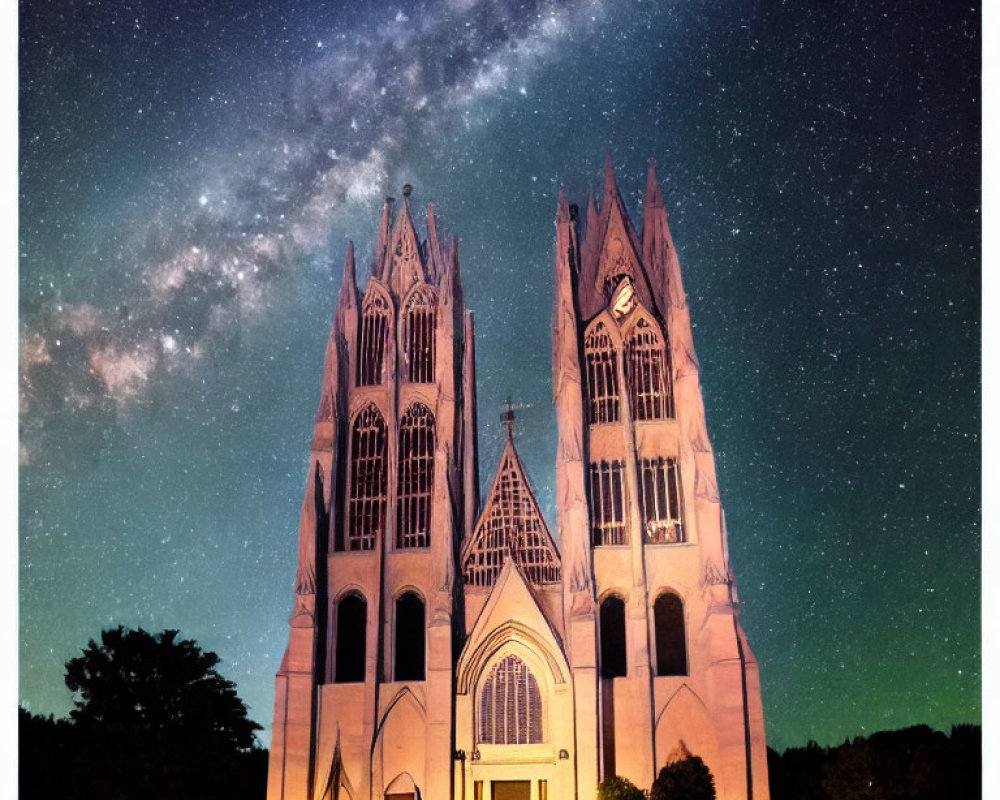 Gothic Church Under Starry Sky with Milky Way and Soft Lighting