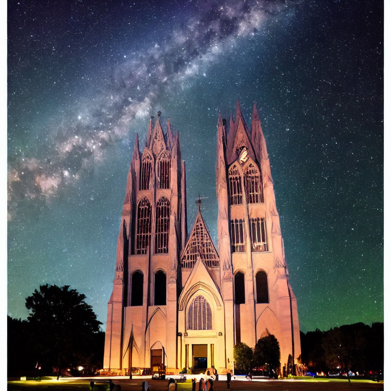 Gothic Church Under Starry Sky with Milky Way and Soft Lighting