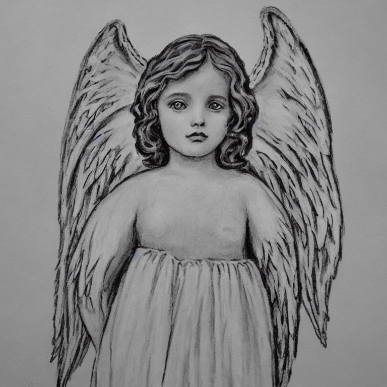 Angel child with curly hair and feathered wings in simple garment