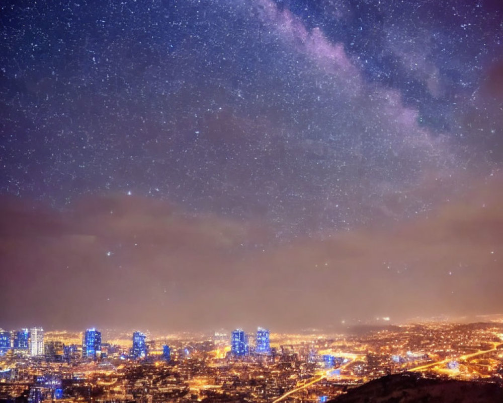 Cityscape at Night with Glowing Lights and Milky Way Sky