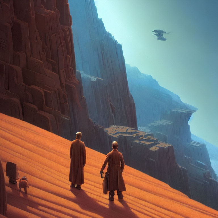 Robed figures, droid, desert landscape, cliffs, flying craft under amber sky