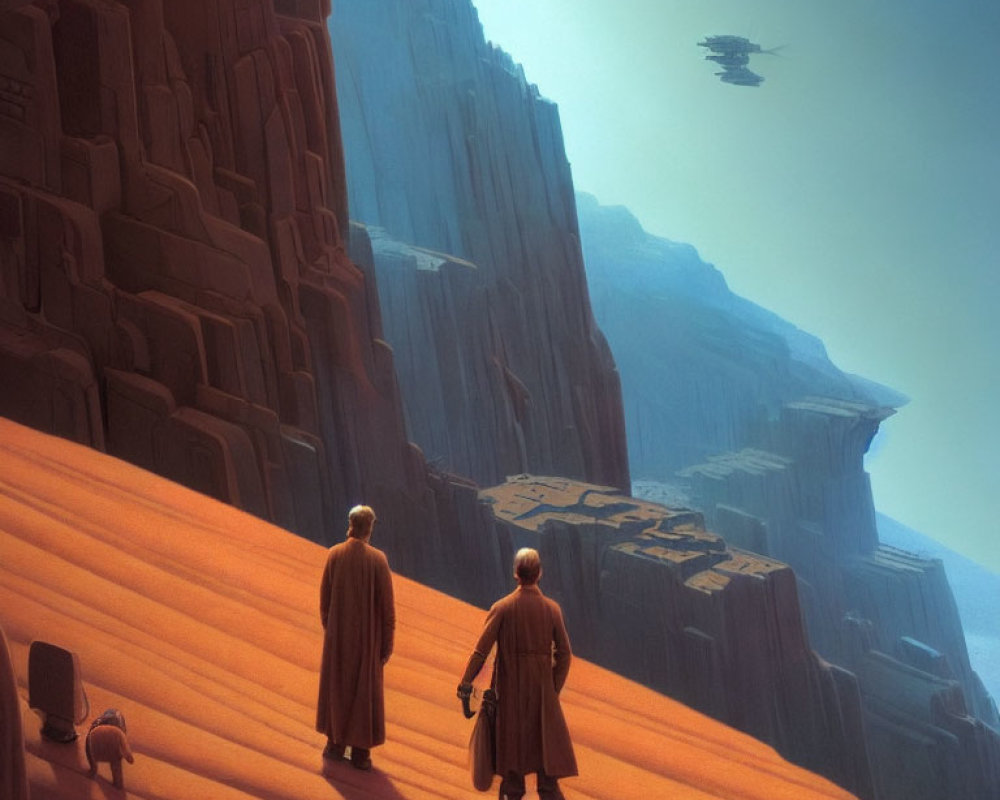 Robed figures, droid, desert landscape, cliffs, flying craft under amber sky