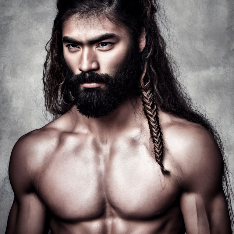 Muscular man with beard and ponytail against textured background