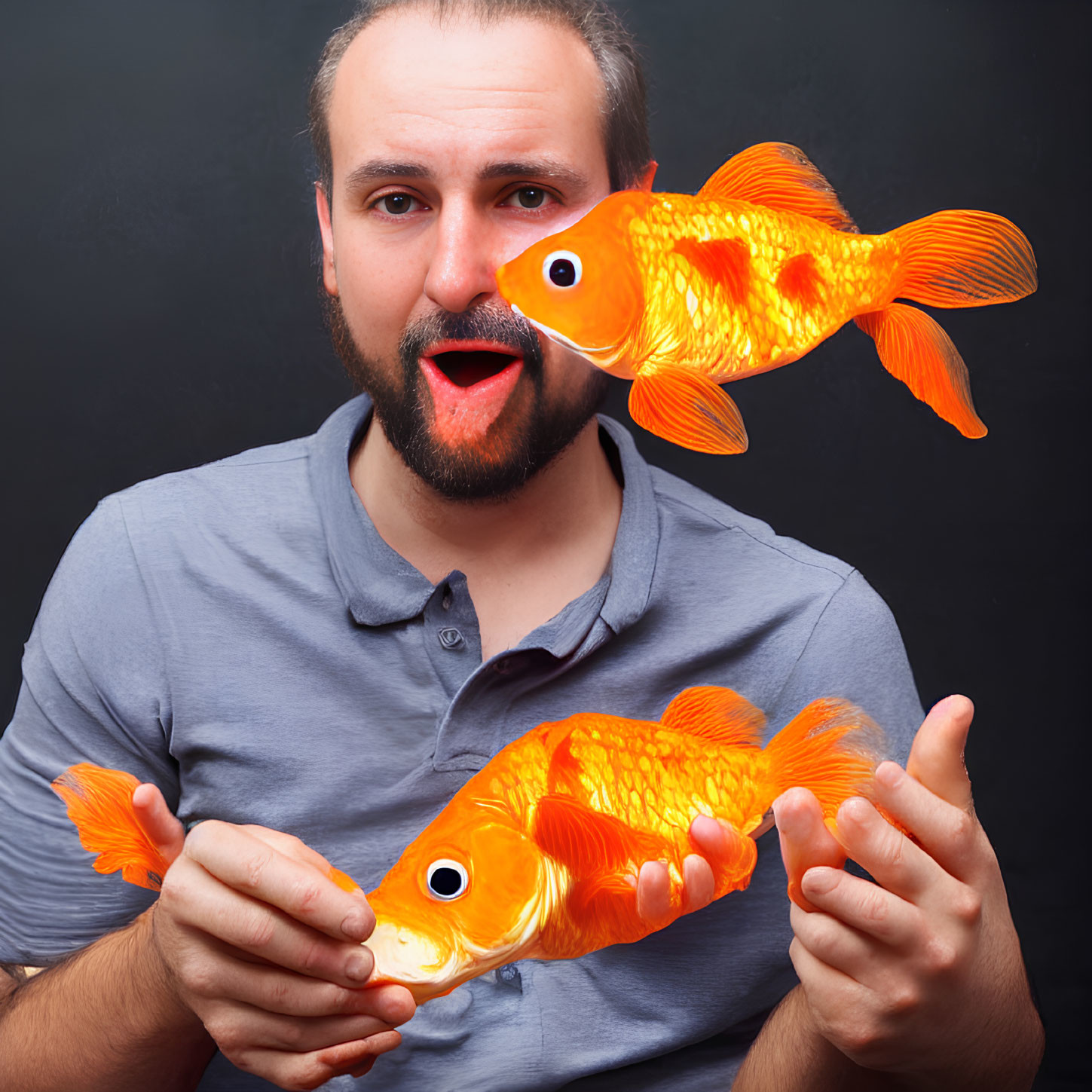 Bearded man holding large artificial goldfish with graphic goldfish jumping out