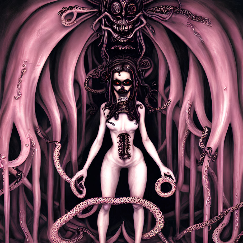 Dark surreal artwork: figure with long hair, tentacles, and mystical symbols in pinkish backdrop