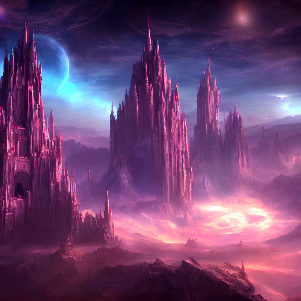 Fantastical landscape with towering spires and castle in pink and purple hues