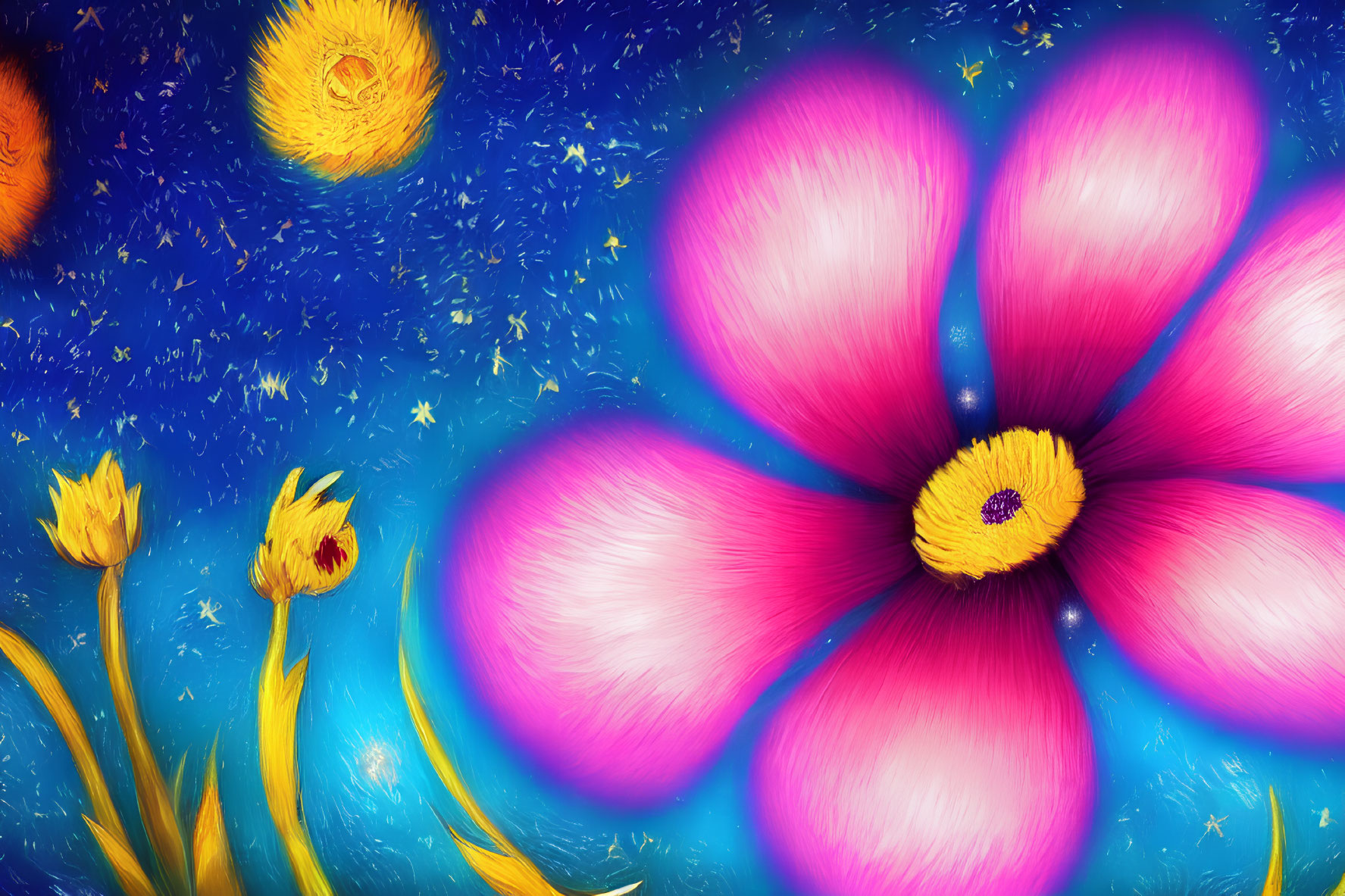 Colorful Stylized Pink Flower Artwork with Yellow Centers