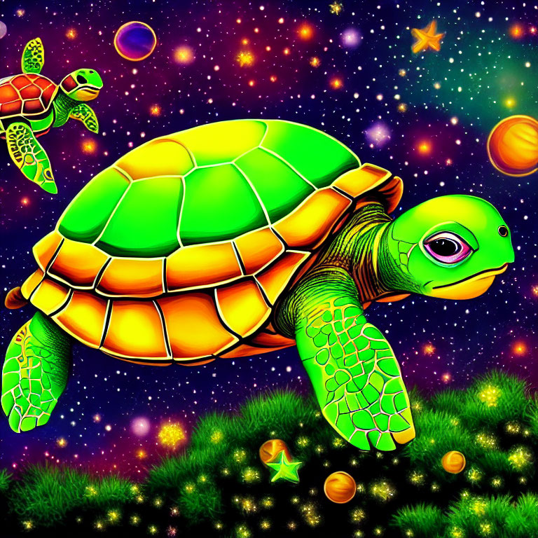 Colorful Green Turtle Illustration in Starry Space