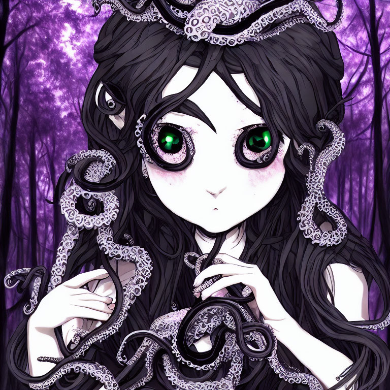 Anime-style girl with green eyes and black hair in lace headpiece among purple tentacles in mystical forest