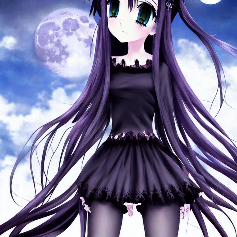 Purple-haired anime girl in dark dress under moonlit sky