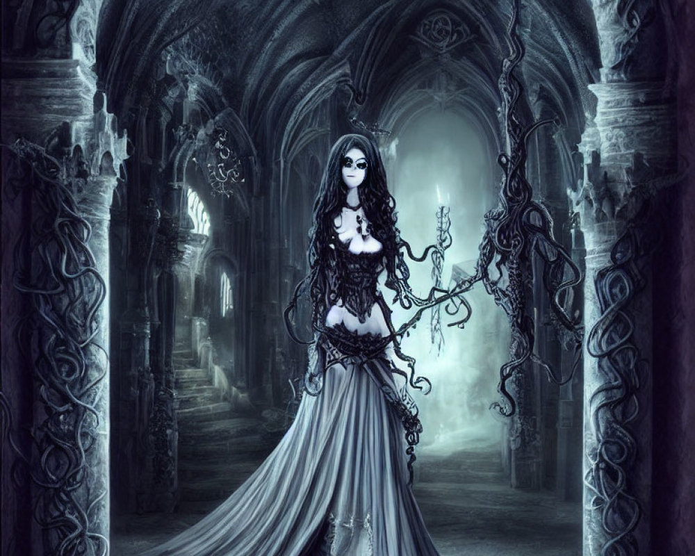 Gothic-style illustration of dark-haired woman in eerie, ornate hall