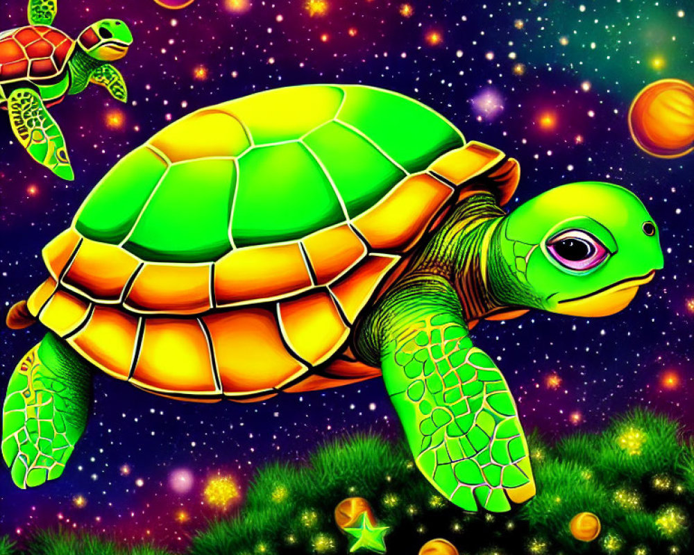 Colorful Green Turtle Illustration in Starry Space