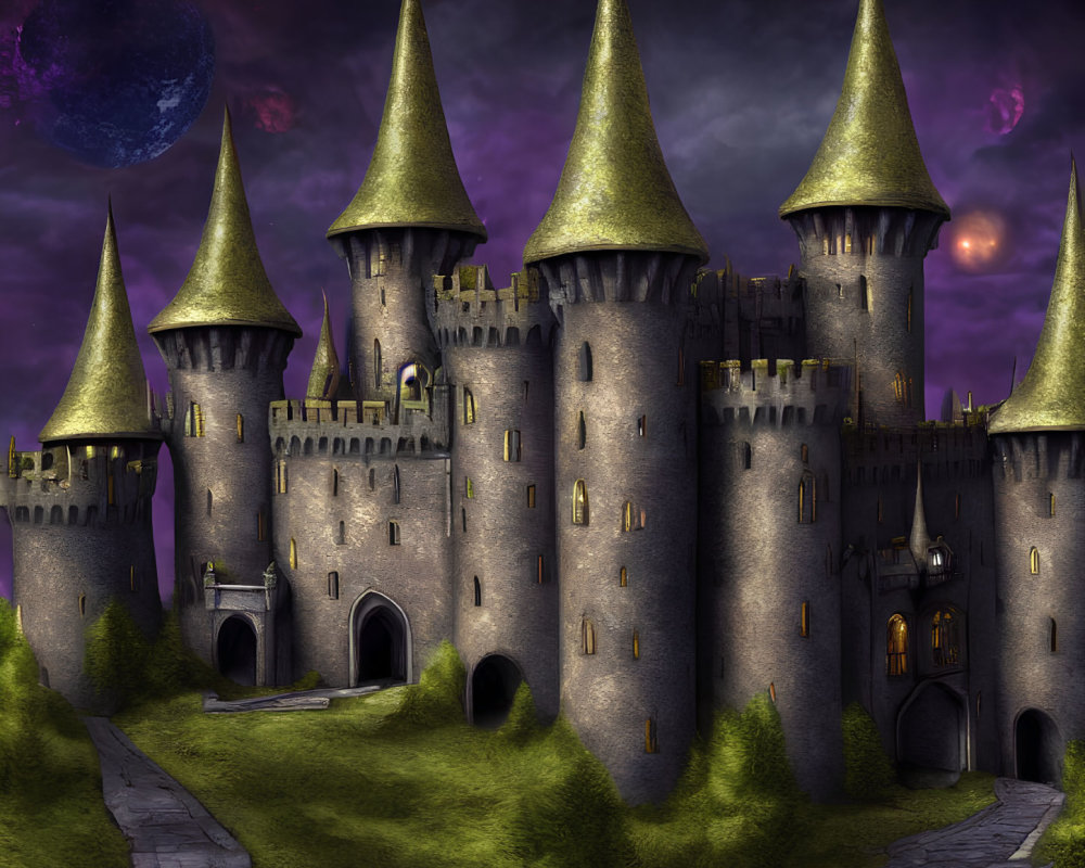 Medieval castle at night with illuminated towers and purple sky